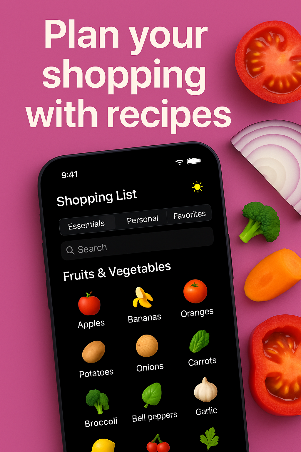 Cartfolio shopping list view showing categorized items and easy add to cart functionality