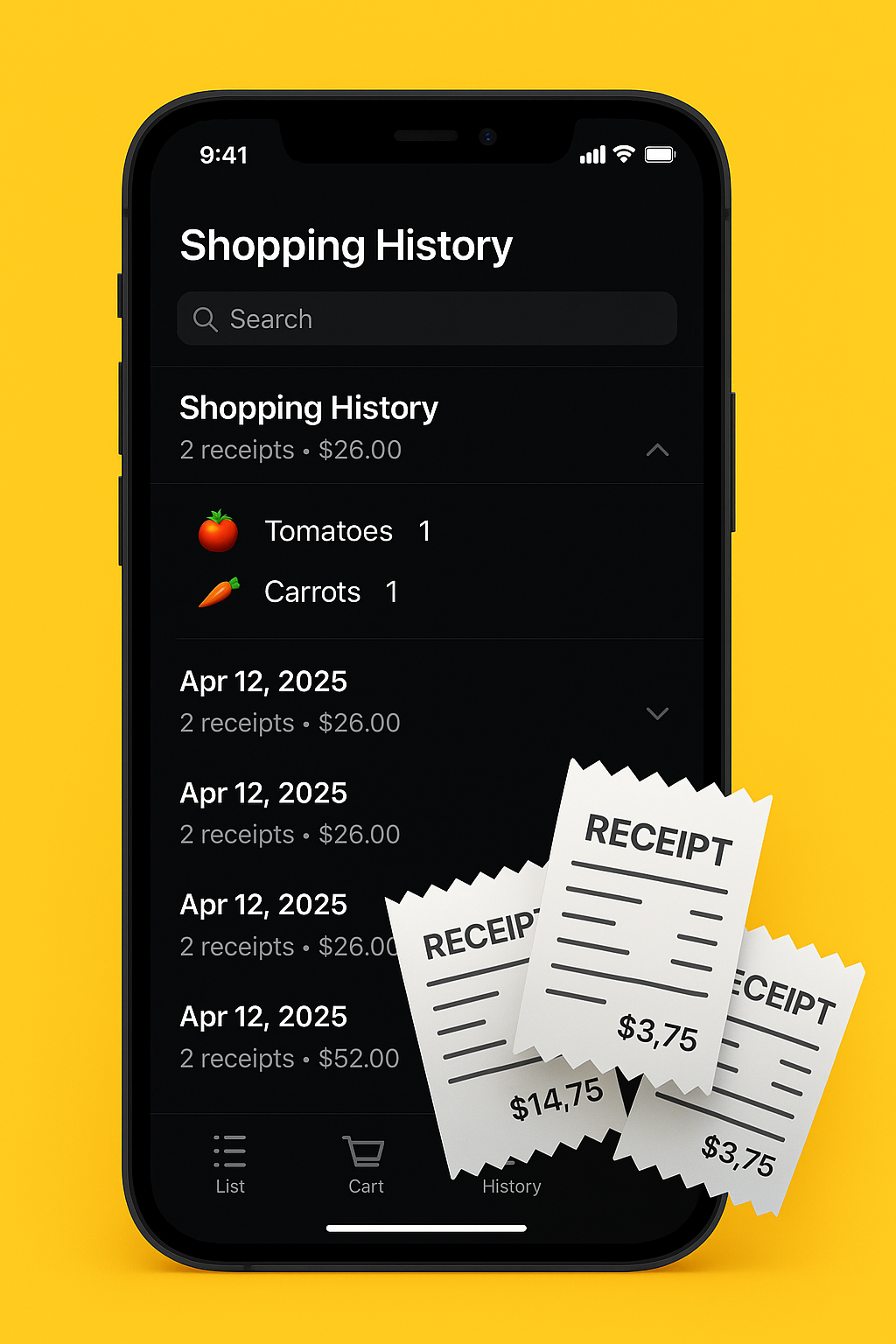 Cartfolio dark mode interface showing list sharing and customization options